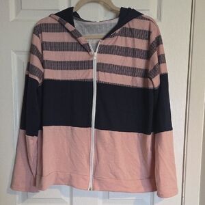 Striped Hooded Zip-Up Jacket in Pink and Navy